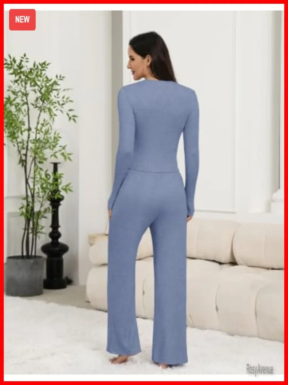 Womens Pajama Set Long Sleeve Ribbed Knit Lounge Set